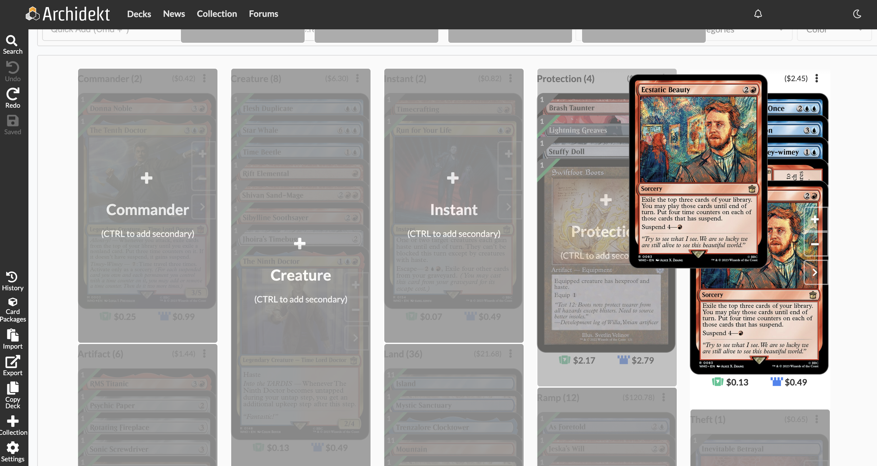 A screengrab of a deck view on the Archidekt website, showing several category buckets labeled things like Commander, Creature, and Sorcery. A card called Ecstatic Beauty has been selected from the Sorcery bucket and is in the process of being moved.