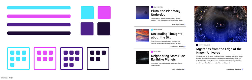 Left: an abstract grid of squares and bars in four colors arranged as a list, a small collection, and larger collections. Right: an example of article cards on a website with four colors applied to category badges on each card.