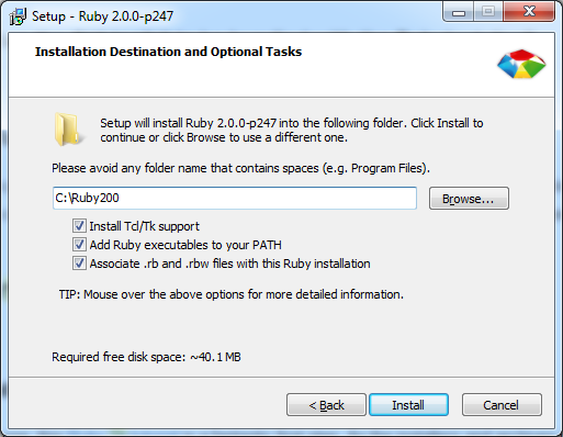 Ruby Installer setup screen