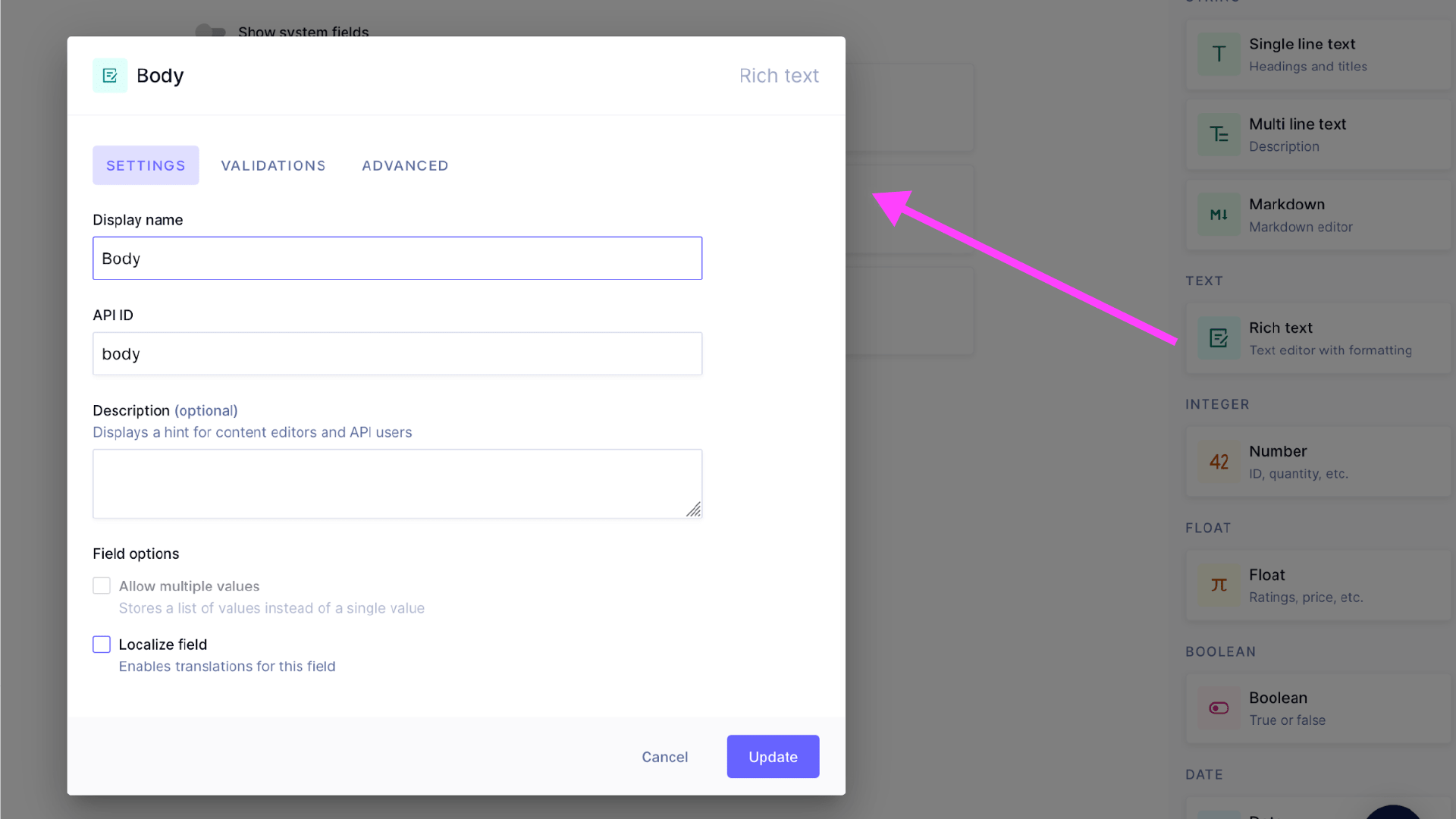 Use the text fields to edit the Body field settings.