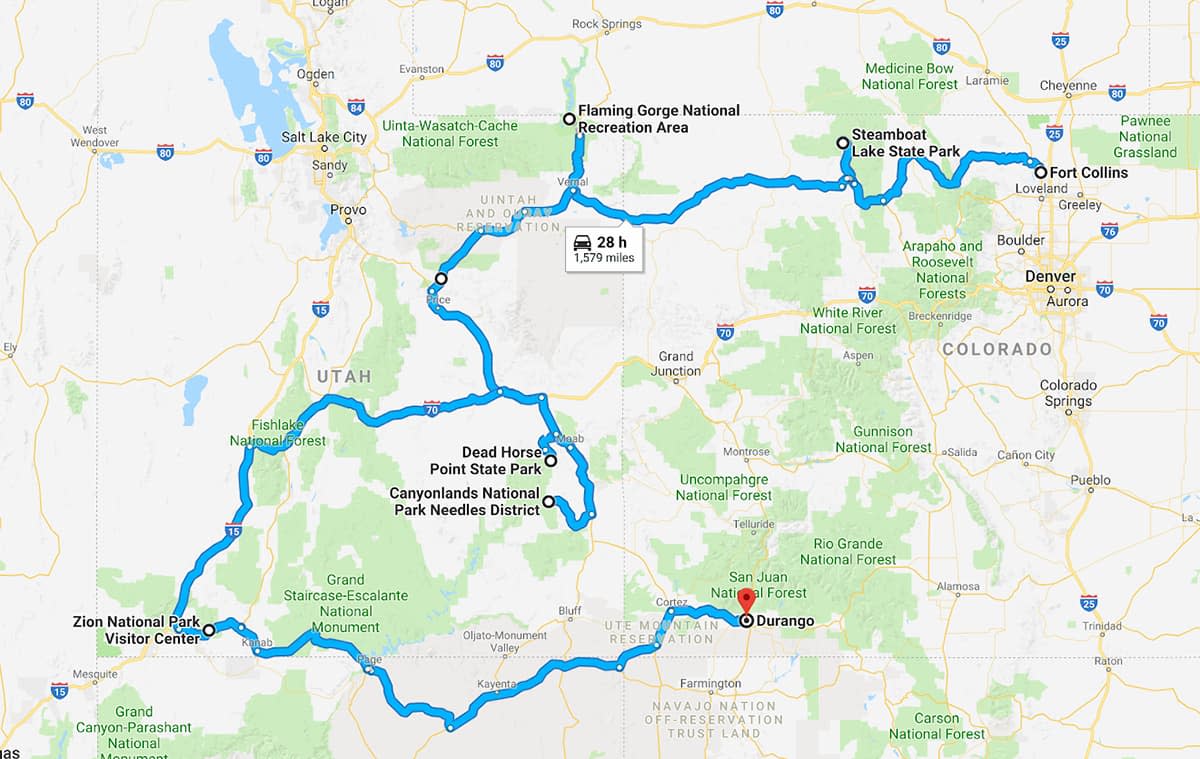 Google map tracing our route around the Colorado Plateau