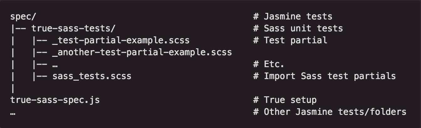 An example of a file structure for organizing Sass unit tests files. A folder named 'spec' contains a folder named 'true-sass-tests'. That folder contains example partial files that would contain Sass tests, and the main file that contains the partial imports. The 'true-sass-spec.js' file, used to set up True is at the same level as the 'spec' folder.