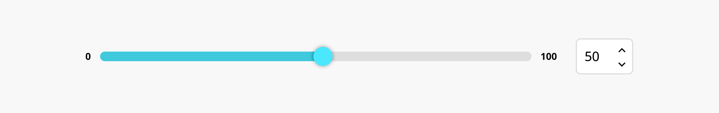 A graphical representation of a traditional range slider moving from values 0 to 100. At the right side of the slider is a quantity selector input with a value of 50, which can be typed into or changed with two arrow buttons.