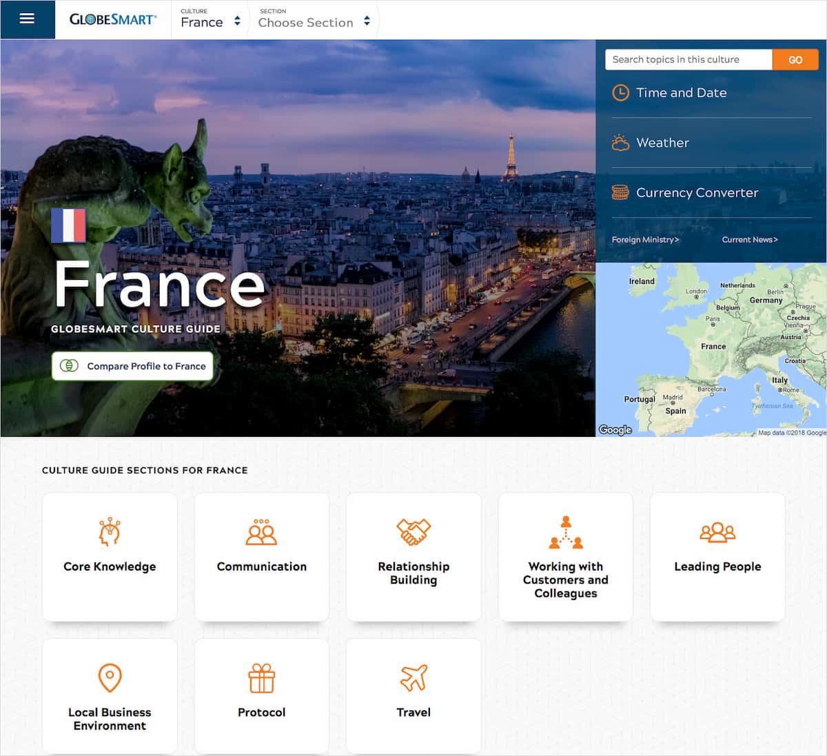 Culture guide homepage for France, which includes a photo of the country, map, flag, currency converter, weather, and time and date.