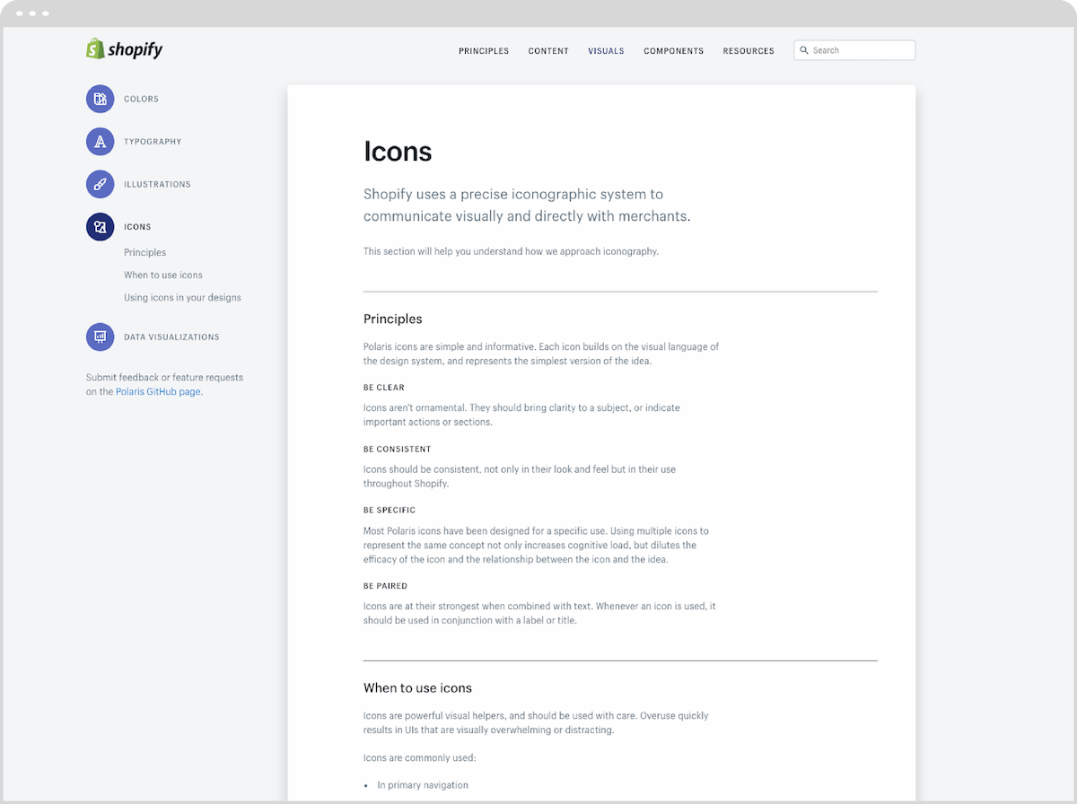 A screenshot of Shopify's Polaris Design System open to the Icons page.