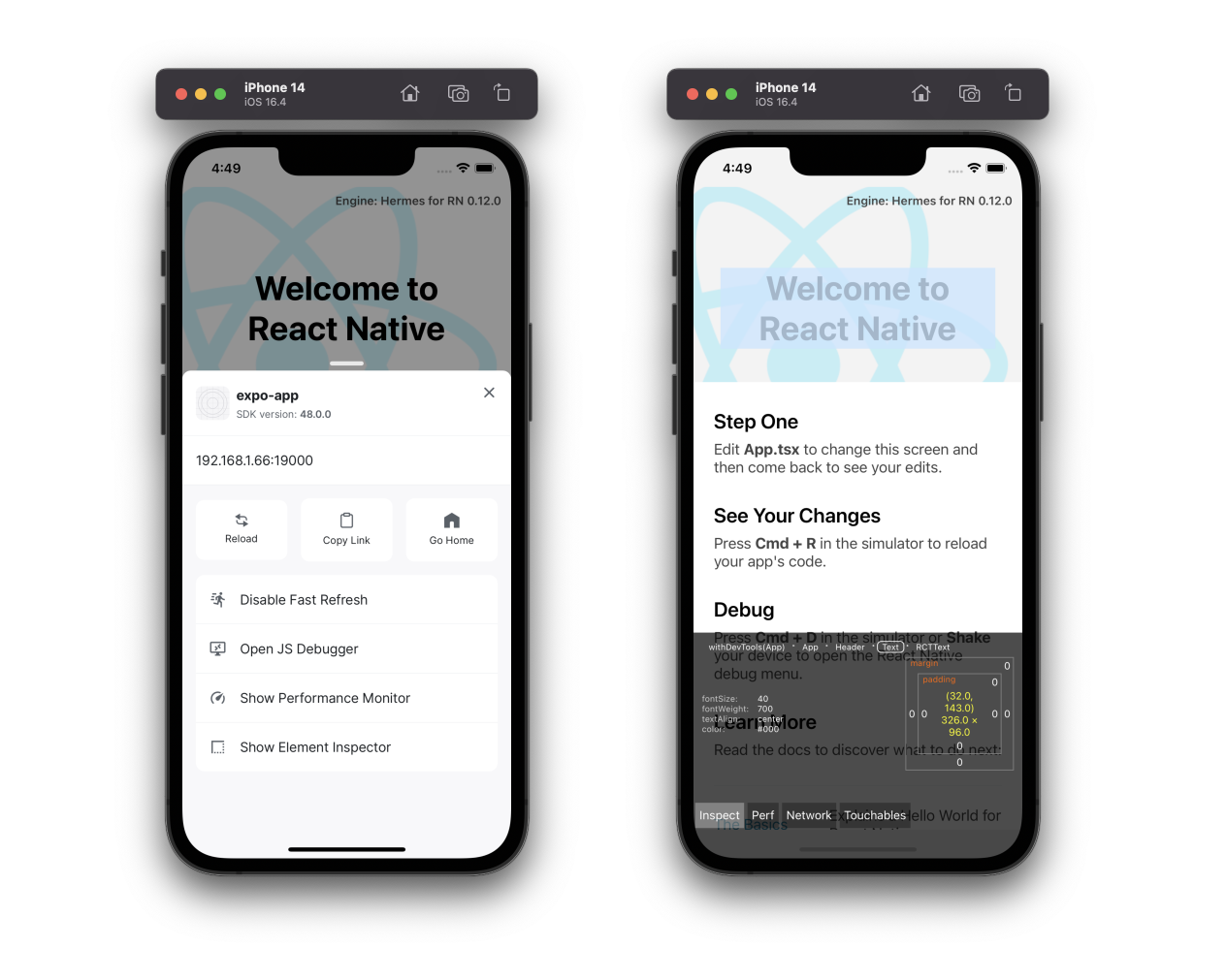 A React Native App with The Expo Developer menu open next to a React Native App with the Element Inspector showing details about an element after inspecting it.