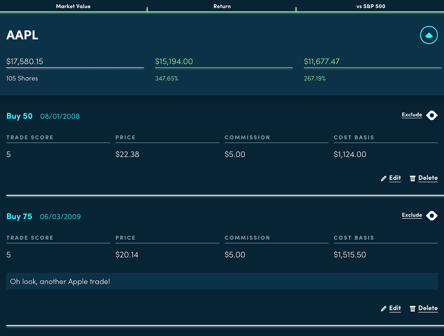 Stock financial summary information in Yo Portfolio