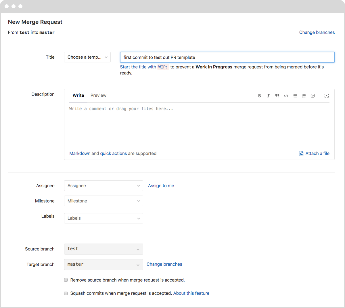 Initiating a new merge request on GitLab.