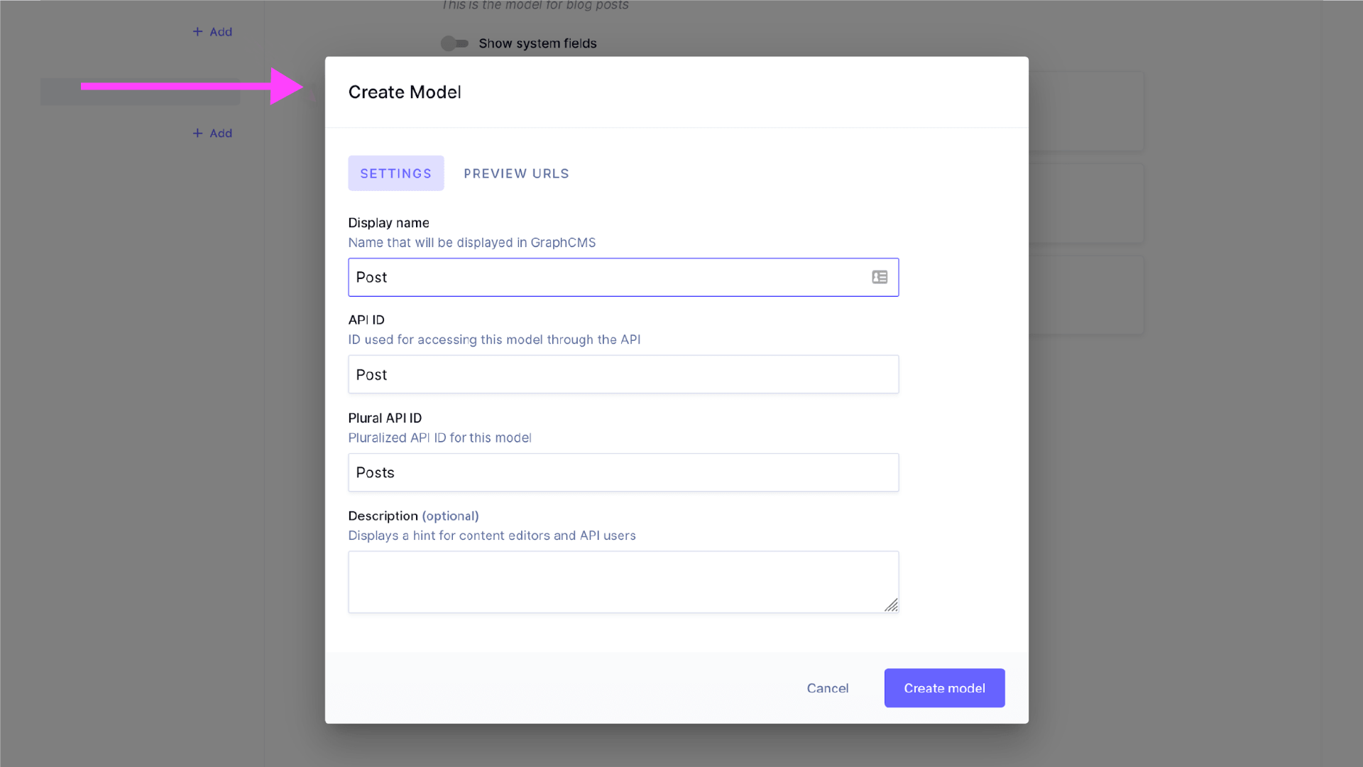 Use text fields and a dropdown menu to select your settings for a new Post Model.