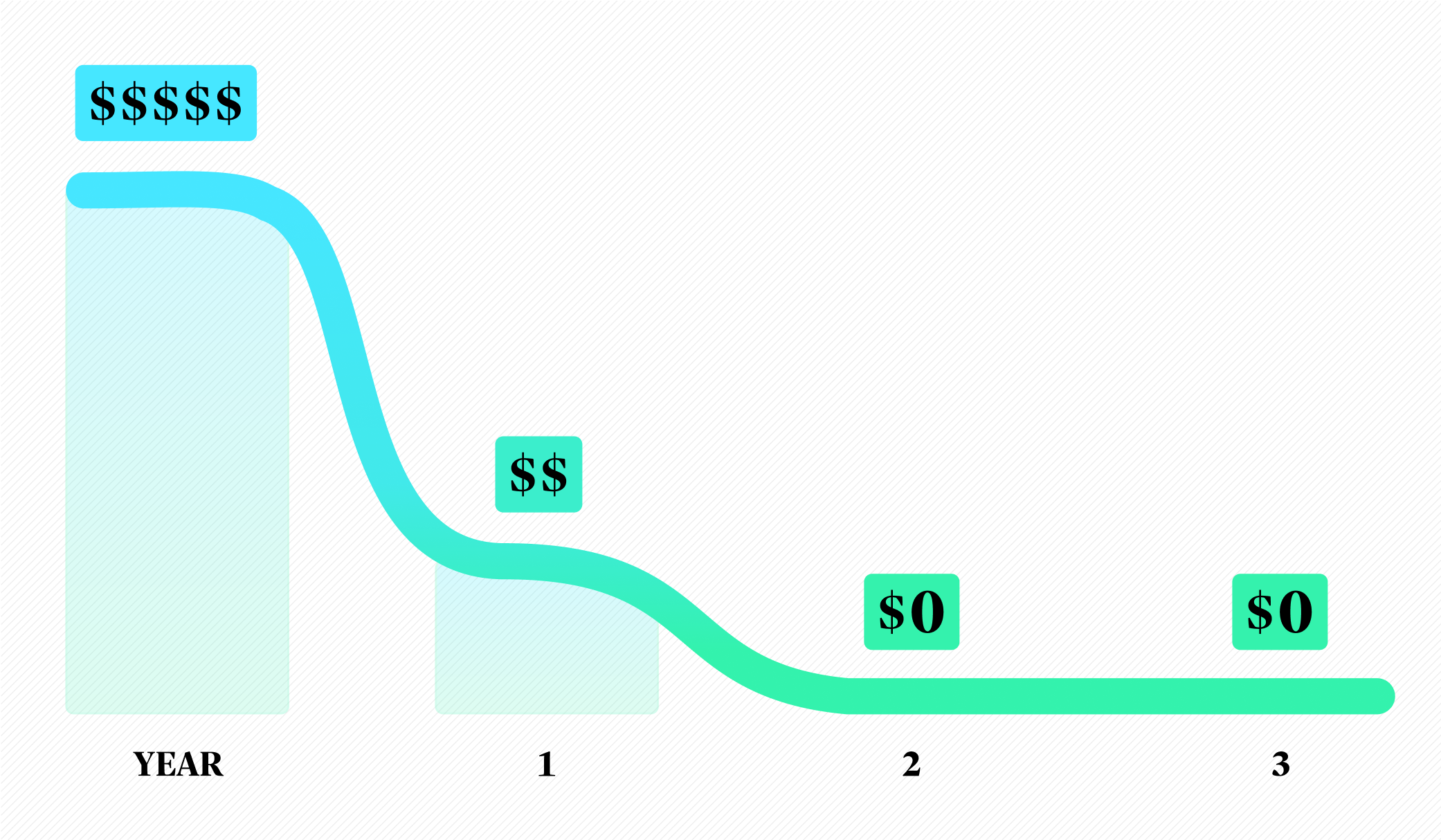 A chart showing costs decreasing by about 80% in the first year, then dropping to $0 in the second and third years.