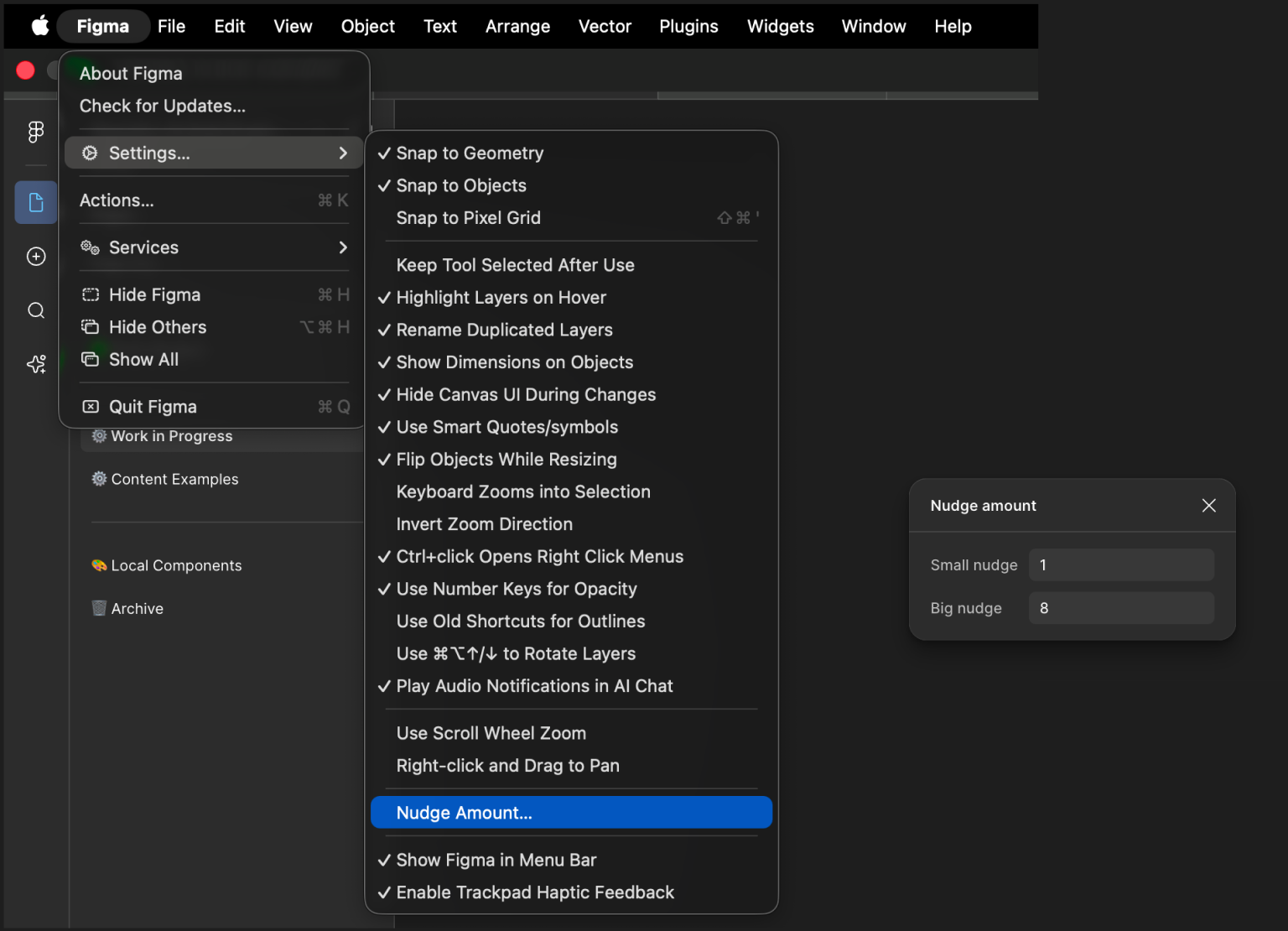 This image is a combination of two screenshots. The first shows how to locate the Nudge Tool settings. In the computer's tool bar, follow this path: Figma > Settings > Nudge Amount. The second screenshot hows how users can set a custom Small and Big nudge amount. 