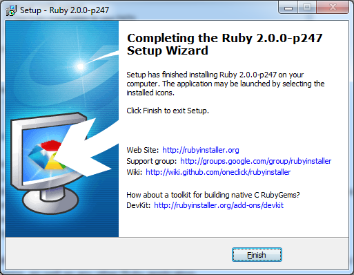 Ruby Installer setup completion screen