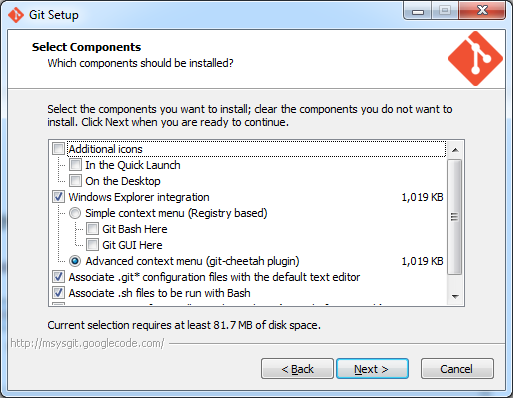 Git insaller component selection page