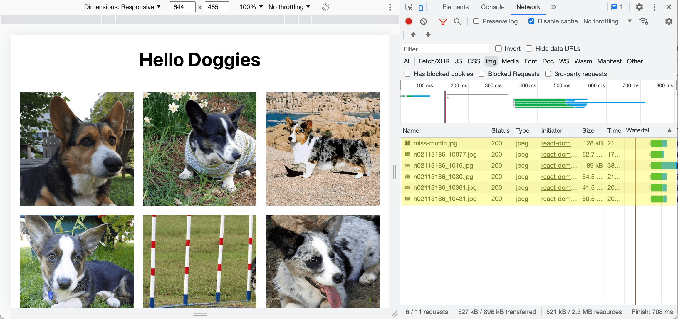 Browser with network tab open, showing only 6 loaded images