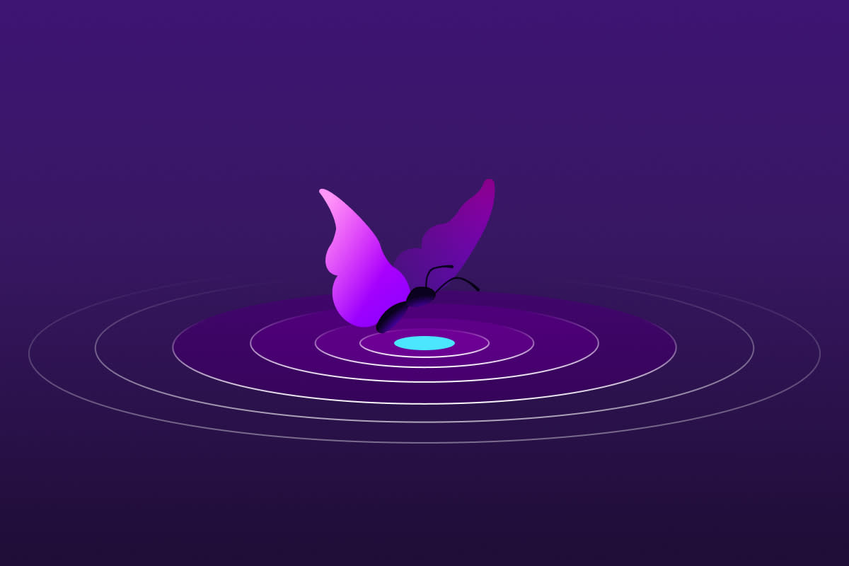 An illustrated butterfly hovers above a bright blue oval. Around the oval, a gradient ripples outwards, and white lines highlight the ripples.