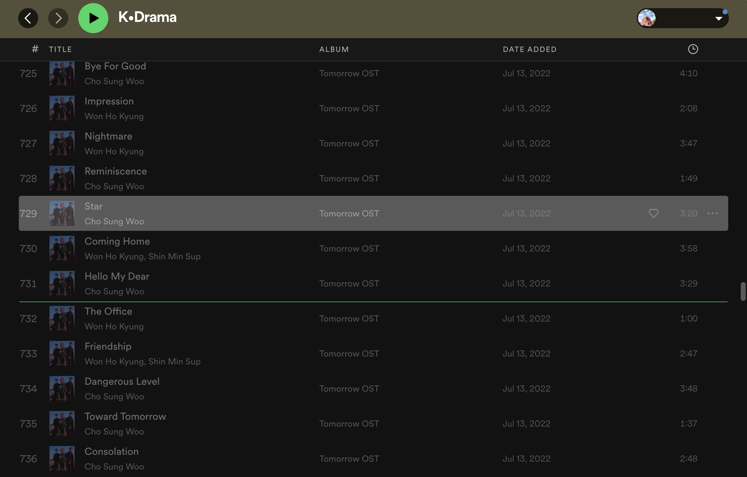 A screengrab of the desktop Spotify application showing a playlist titled K-Drama. The list includes many titles from the Tomorrow soundtrack and Star by Cho Sung Woo is selected.