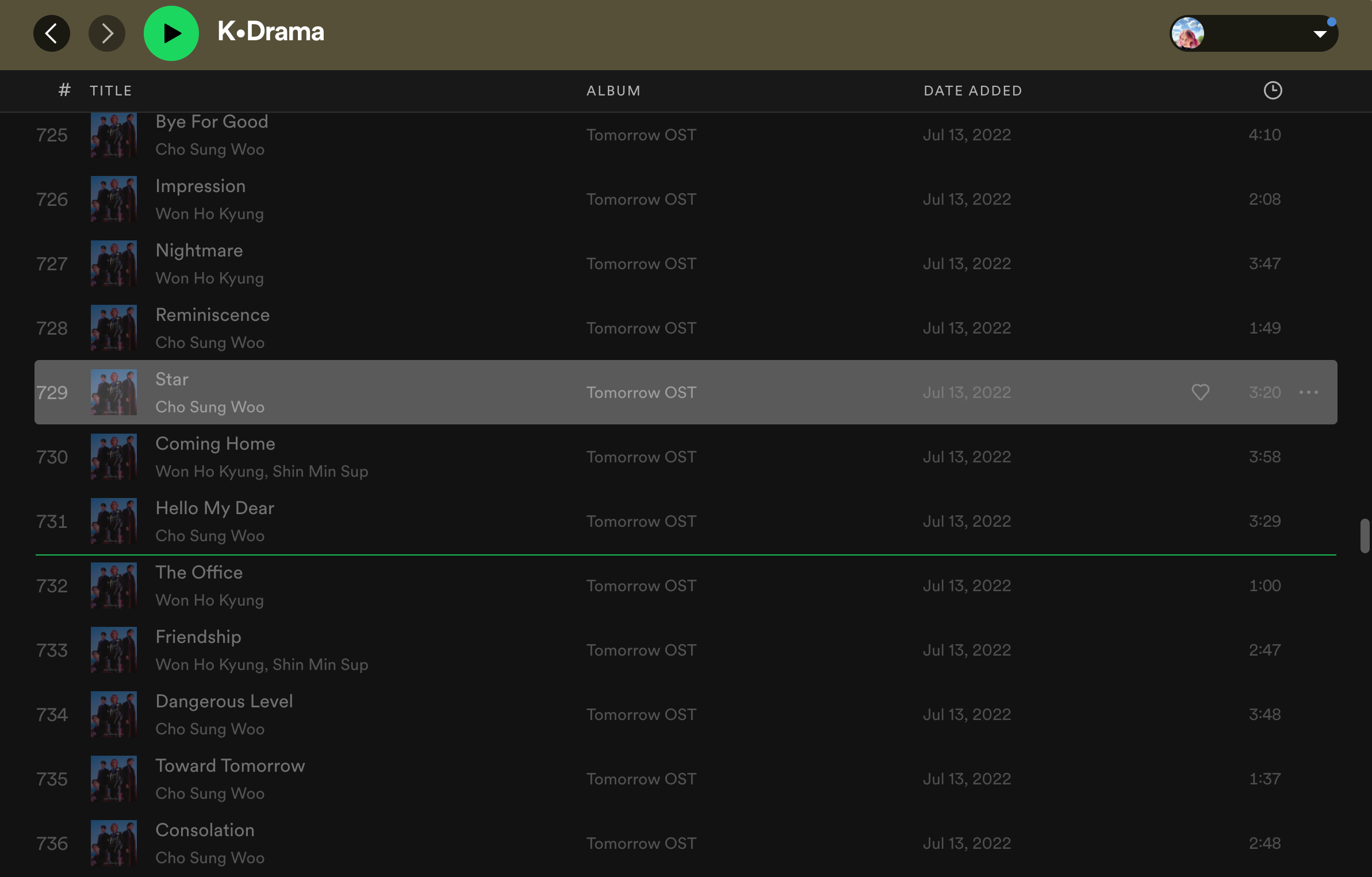 A screengrab of the desktop Spotify application showing a playlist titled K-Drama. The list includes many titles from the Tomorrow soundtrack and Star by Cho Sung Woo is selected.