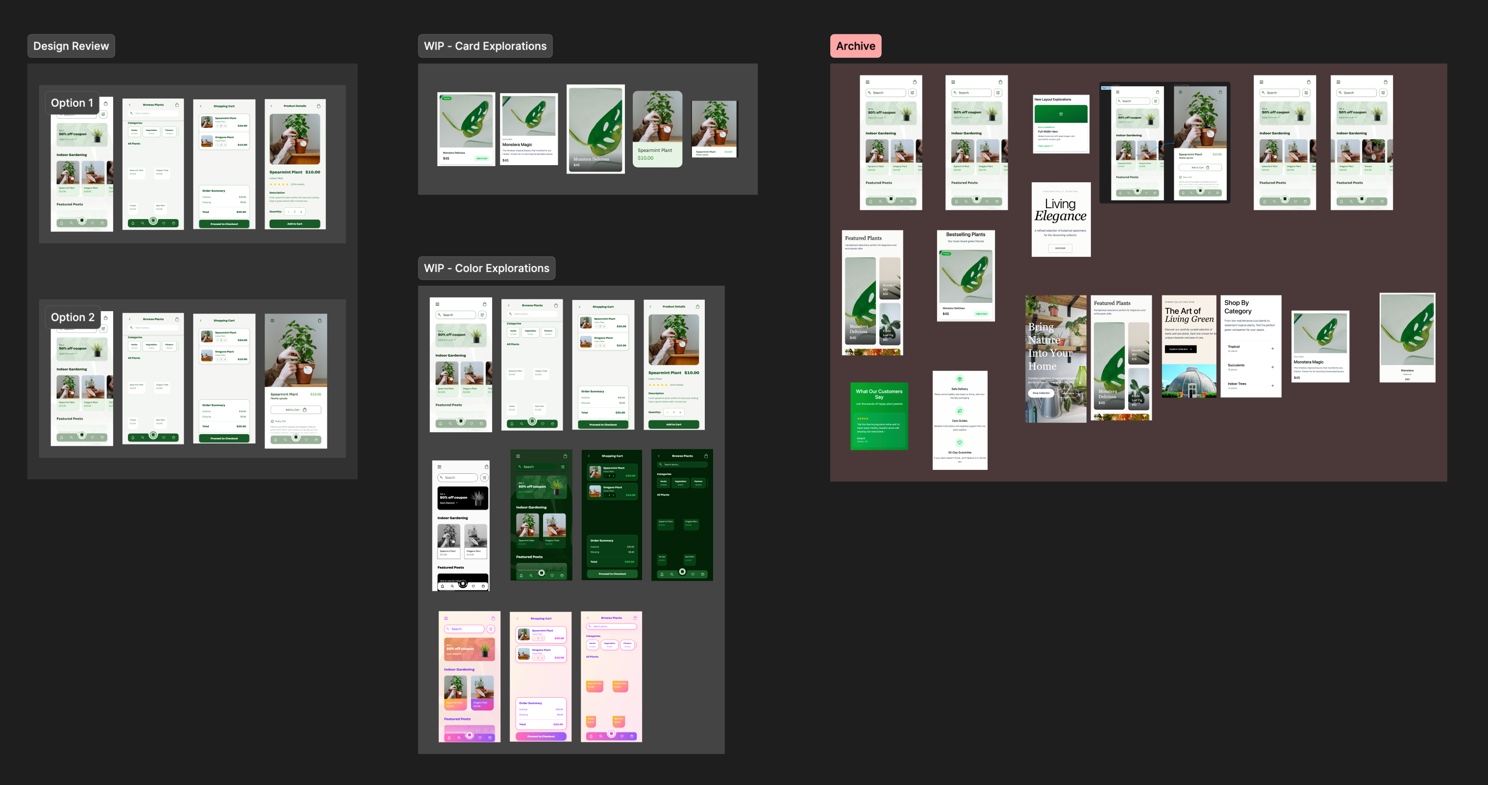 A screenshot of a Figma Canvas displaying multiple designs and artboards. The designs are grouped into segments: Design Review, WIP - Card Explorations, WIP - Color Explorations, and Archive. 