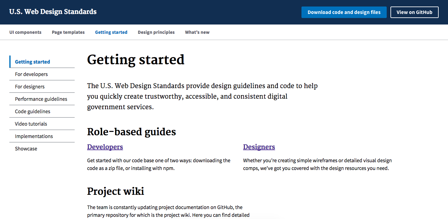 Screenshot of the US Web Design Standards Website