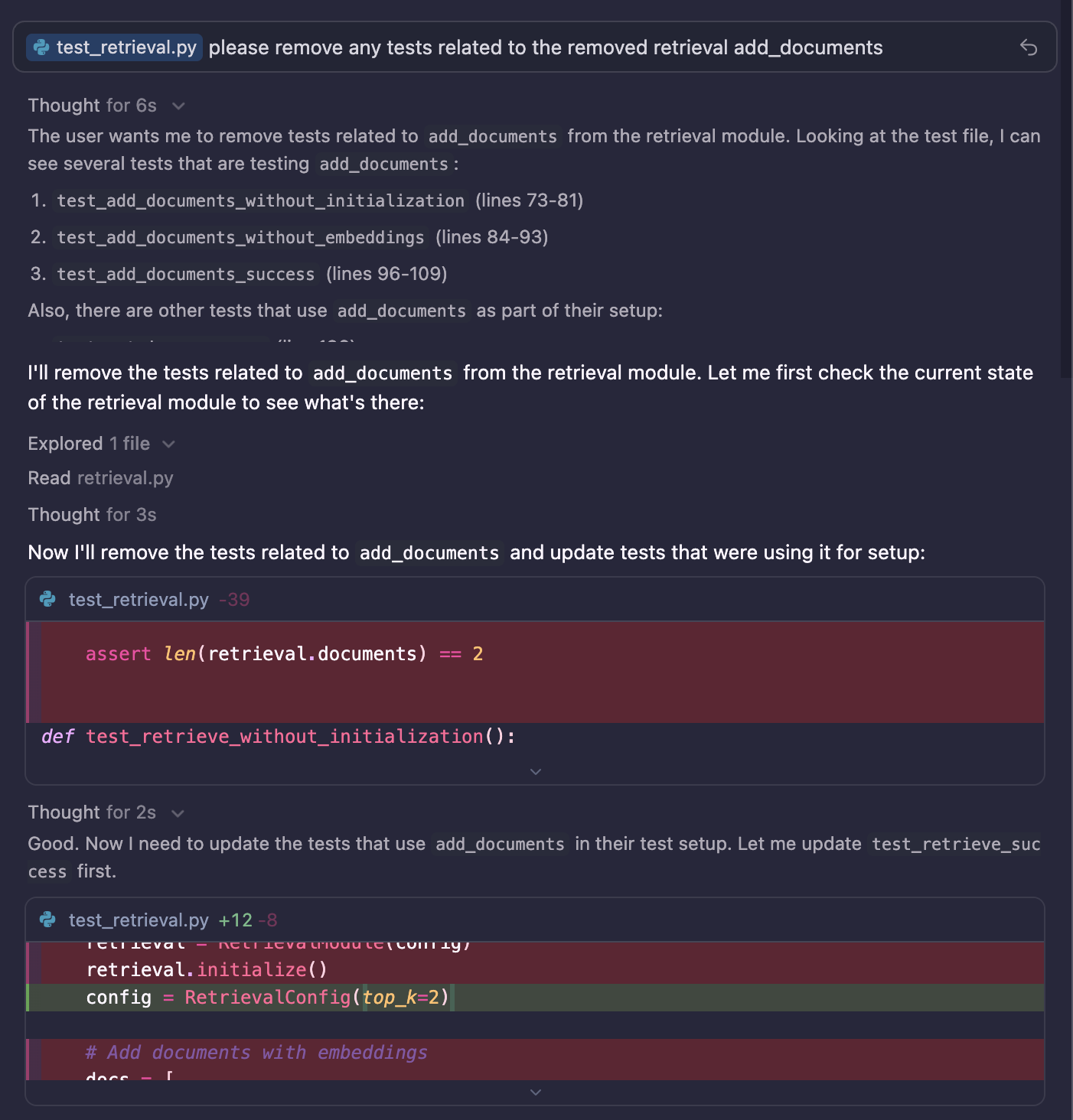 After a user prompted the Cursor agent, the stages of agentic AI understanding gets outputted to the interface. Some of the stages are represented as "Thought," "Explored," and "Read," indicating the agent's process.