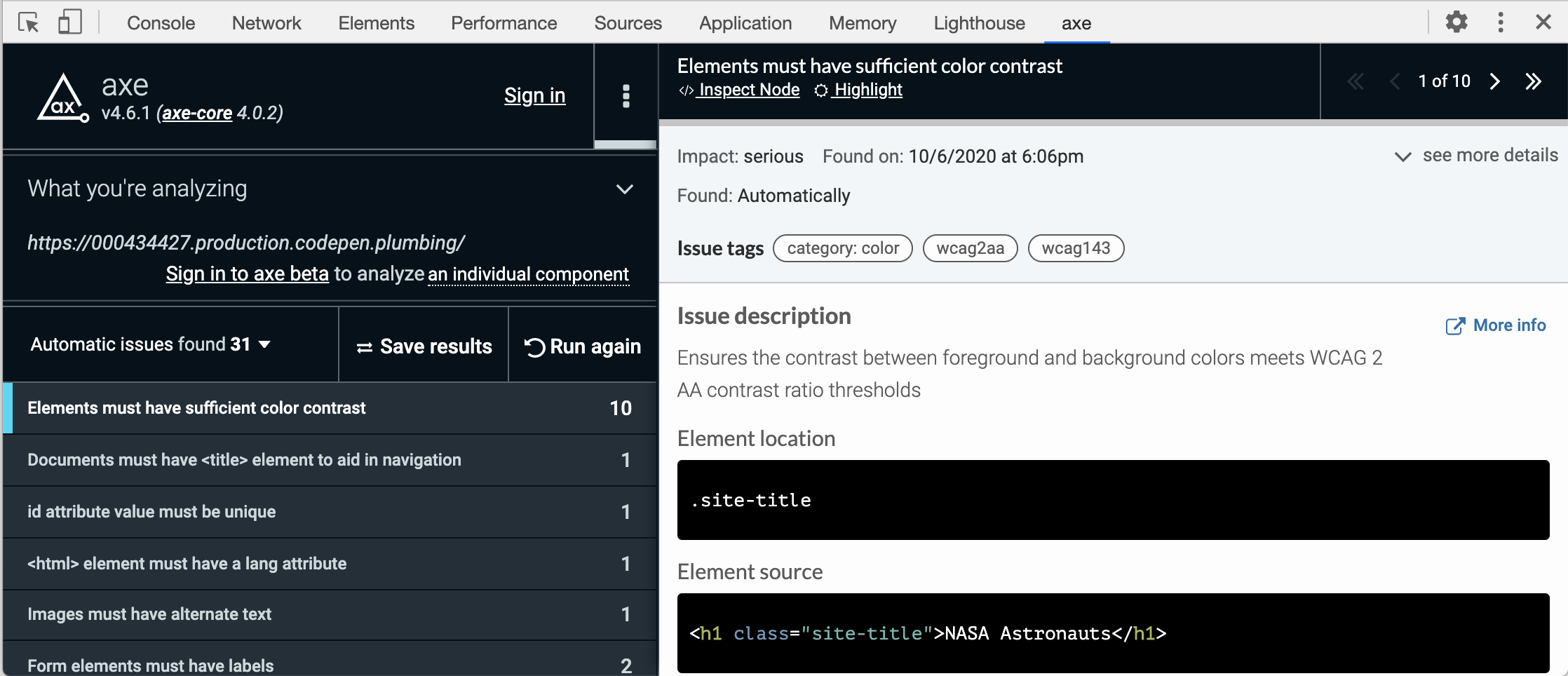 Configuring the axe DevTools Extension