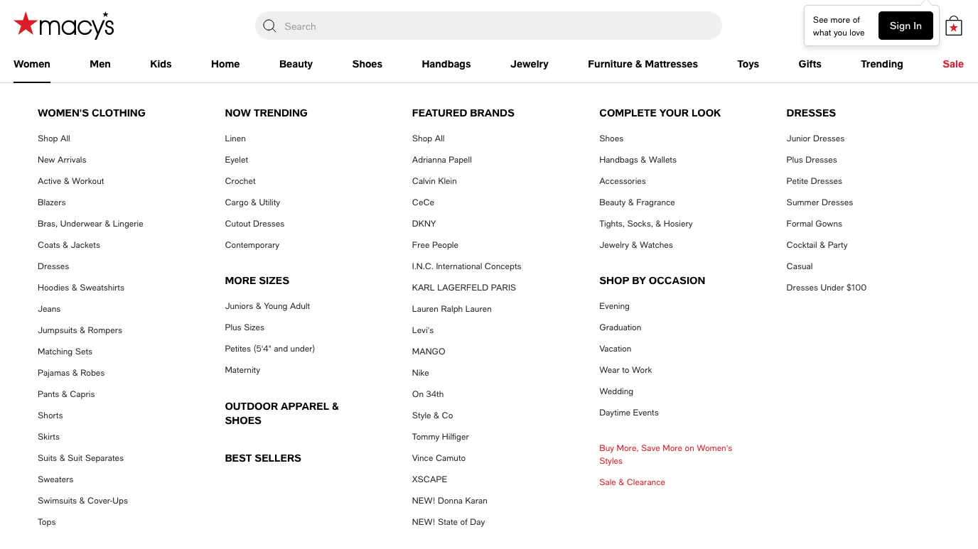 A screenshot of macys.com with the mega menu expanded, revealing over 60 links spread over more than 8 categories.