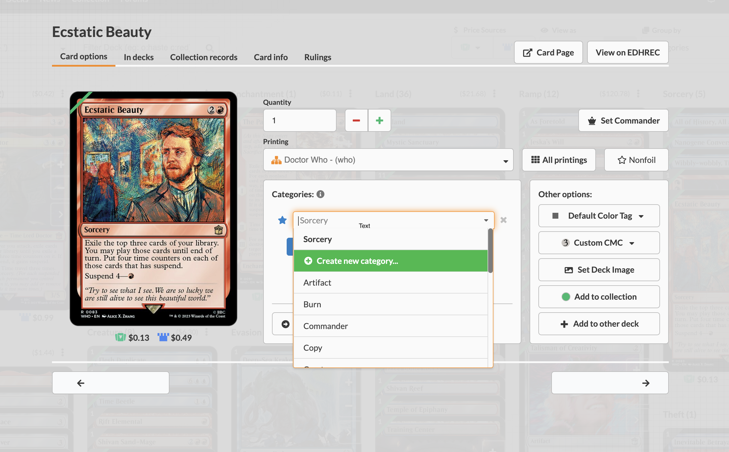 A screengrab of the Archidekt website showing the profile view of the Magic the Gathering card Ecstatic Beauty. A Select box labeled Categories is currently in the open state, showing a list of options like Artifact, Burn, Commander.