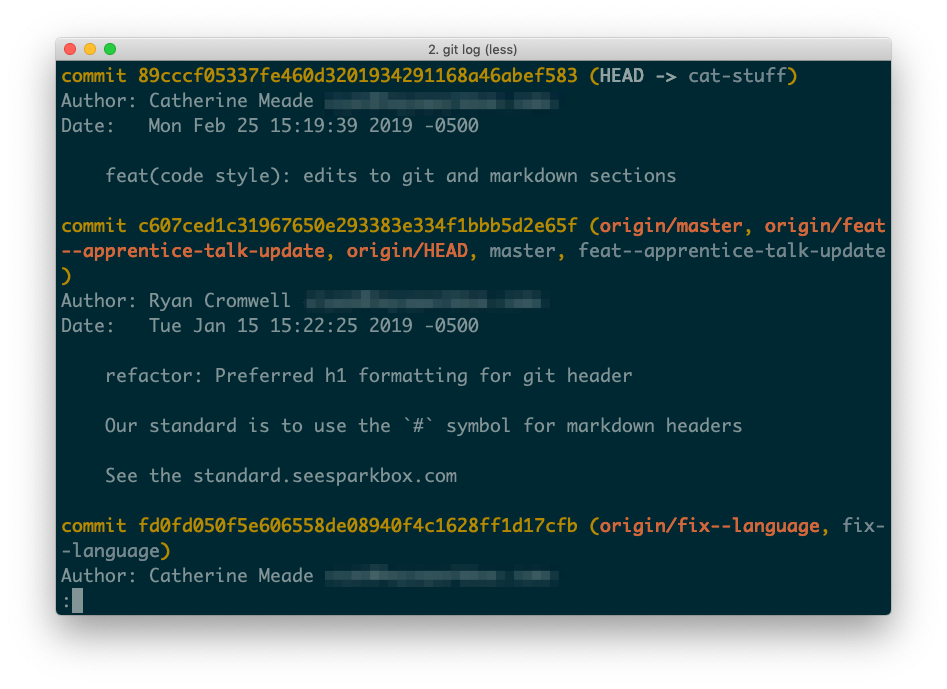 A terminal screenshot of running git log