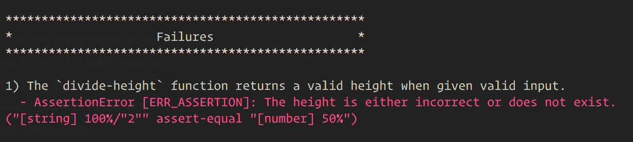 Console output that shows a failing test with an error message stating 'The height is either incorrect or does not exist.