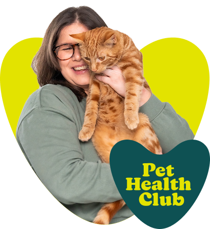Woman holding ginger cat with Pet Health Club logo