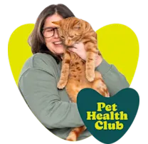 Woman holding ginger cat with Pet Health Club logo