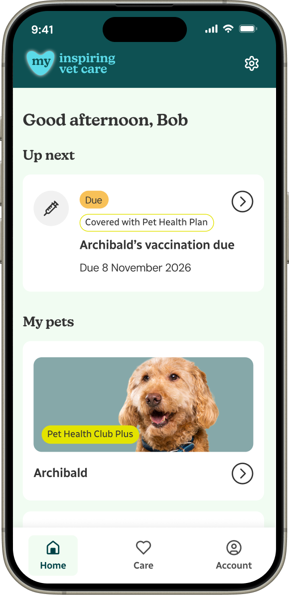 A smartphone displaying the my inspiring vet care app