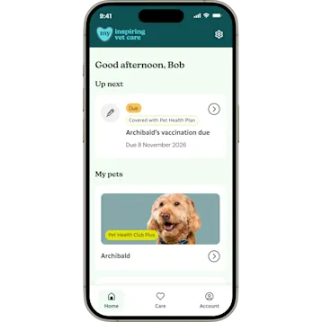 A smartphone displaying the my inspiring vet care app