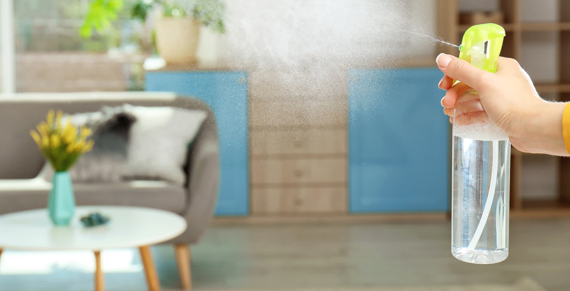 Una persona aplicando aromatizante sobre la sala