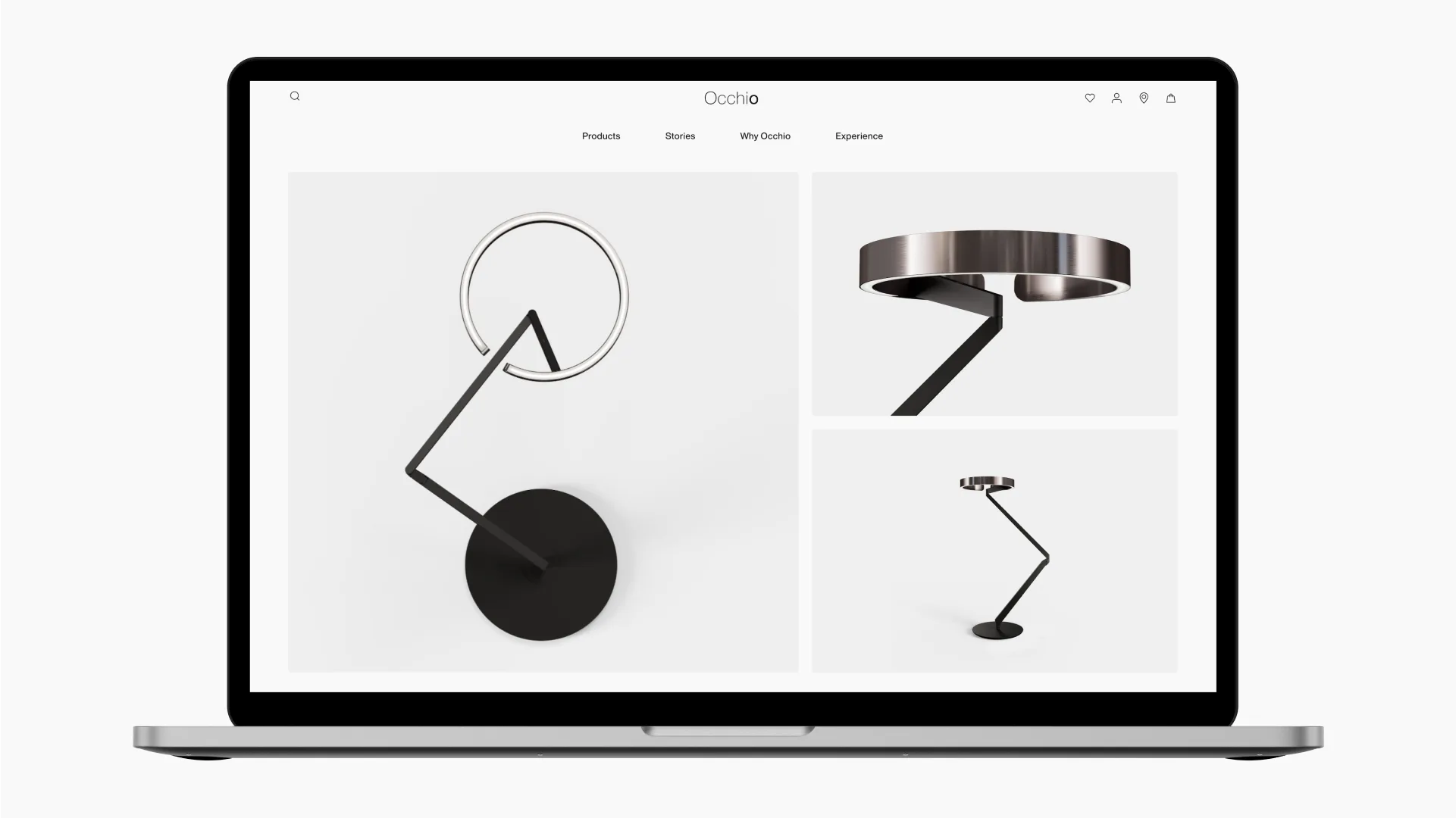 A laptop displays a minimalist website featuring a modern, abstract lamp with a circular light and angular black stand, shown from multiple angles on a white background.