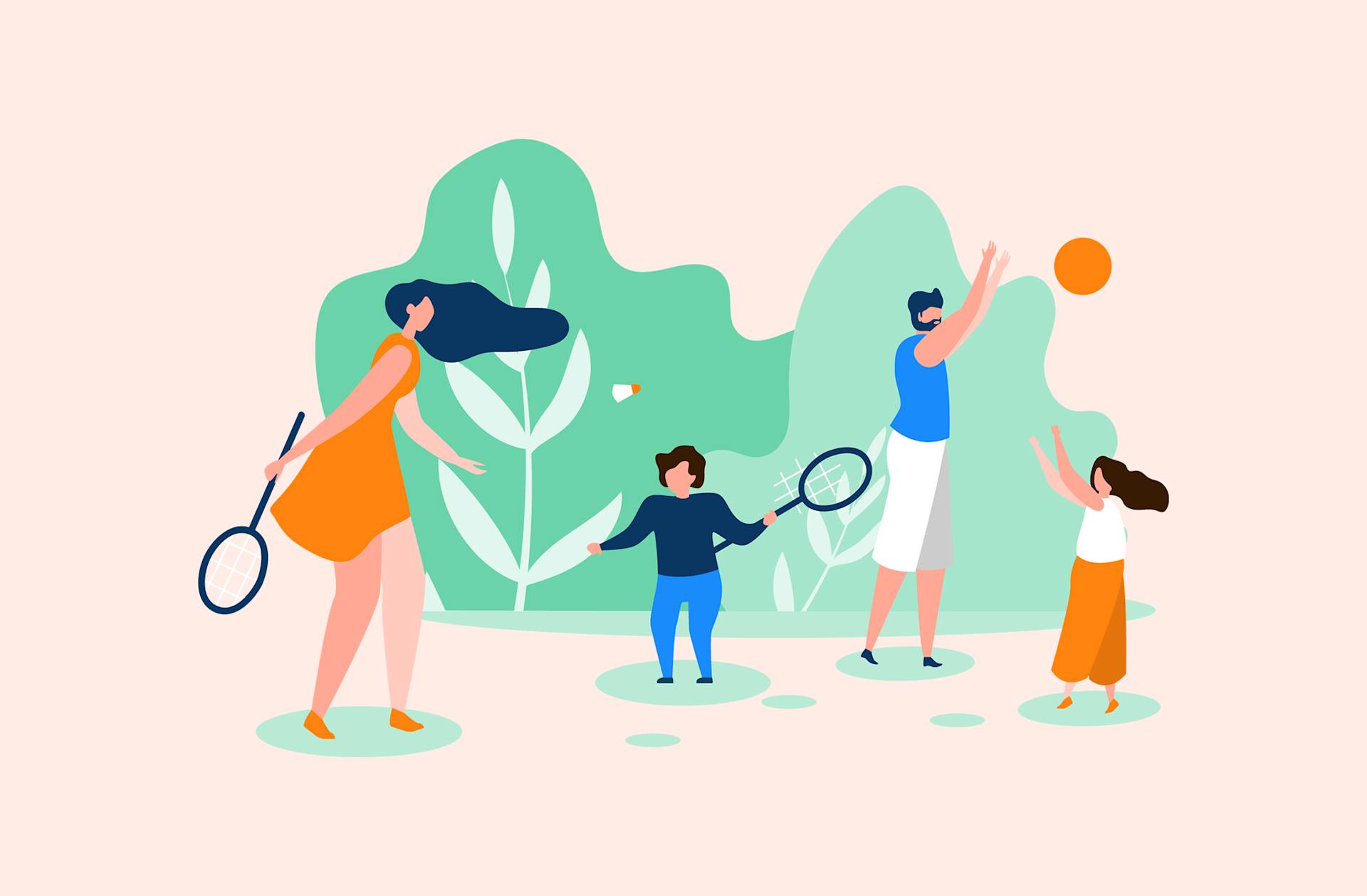Illustration of a family playing outdoors; a woman and a child hold badminton rackets, while a man throws a ball to another child. Green foliage is in the background, and everyone appears happy and active.