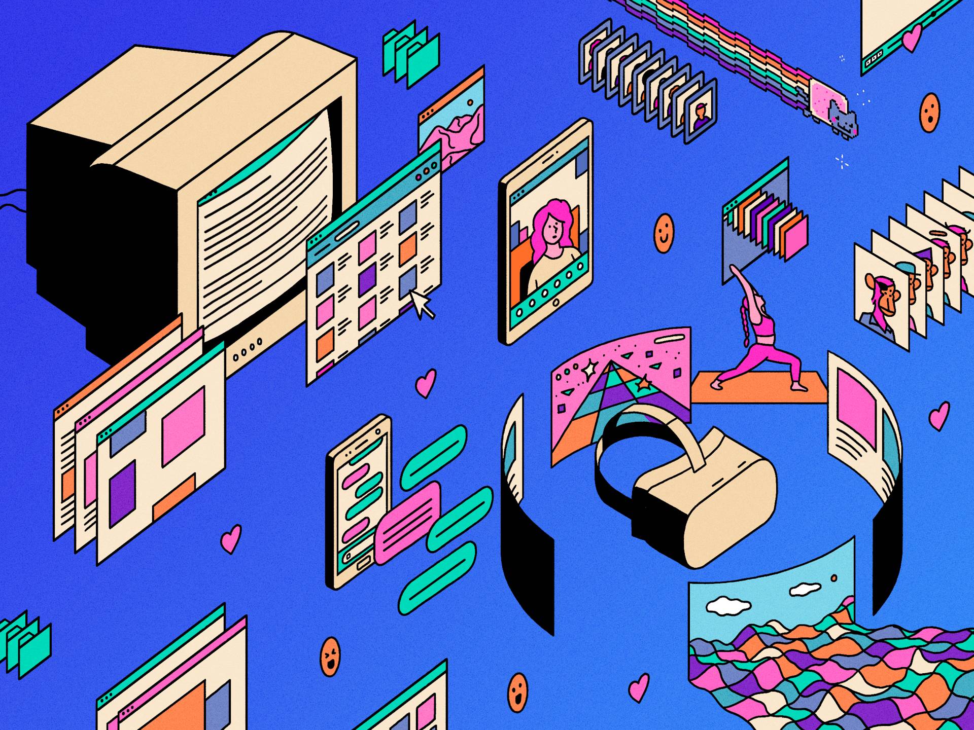 A colorful digital illustration shows retro and modern computer interfaces, a VR headset, various screens, chat bubbles, pixel art, and a rainbow cat, representing the evolution of digital technology and online interaction.