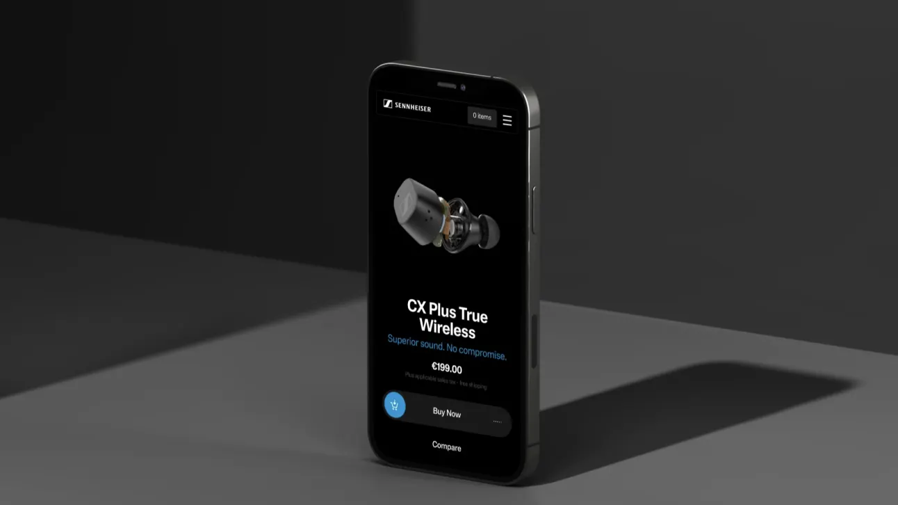 A smartphone displaying a product page for Sennheiser CX Plus True Wireless earbuds, featuring an image of the earbuds, price, and options to buy or compare, with a dark, minimalist background.
