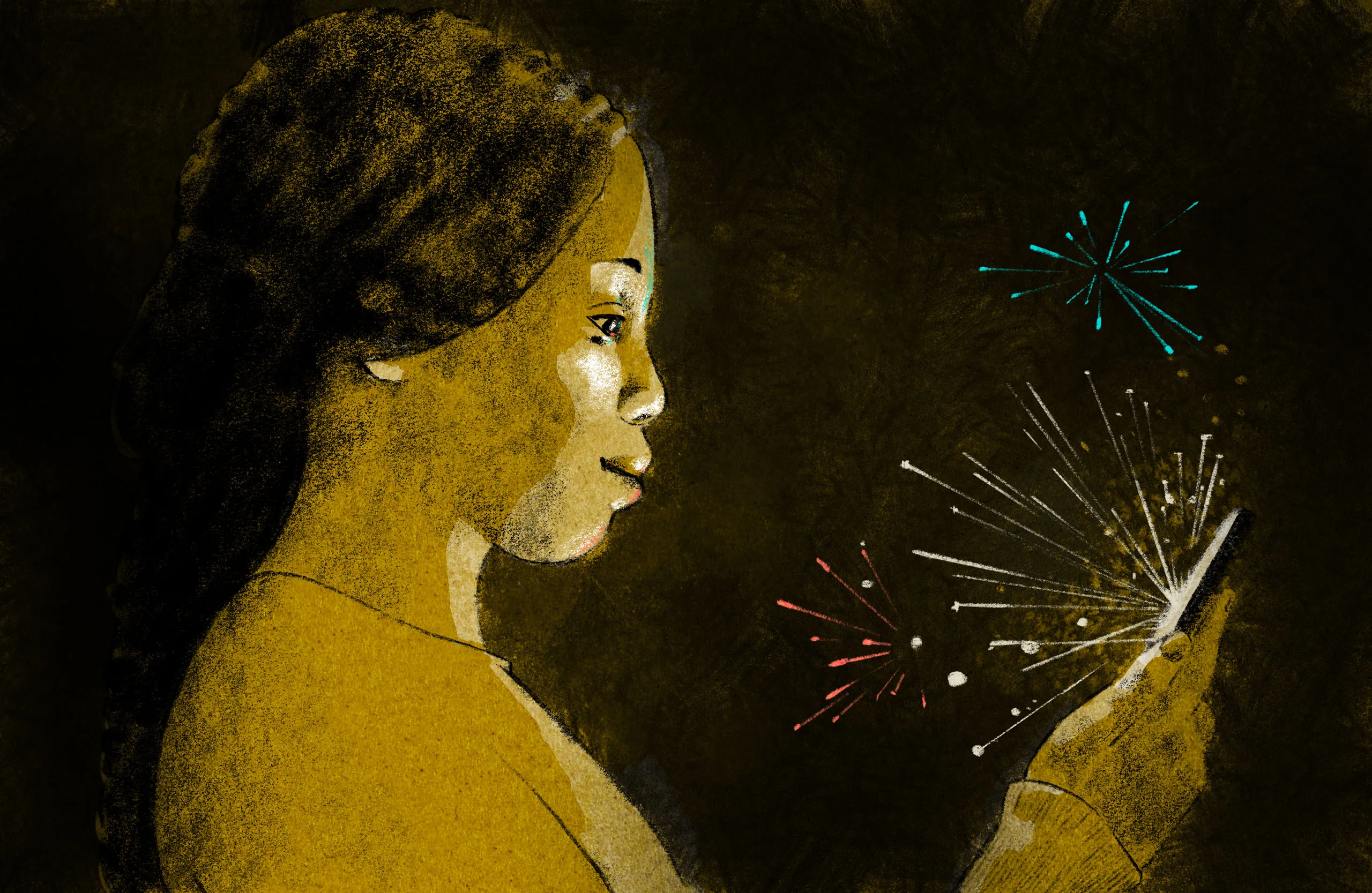 An illustration of a person looking at a device which has sparks coming out of it.