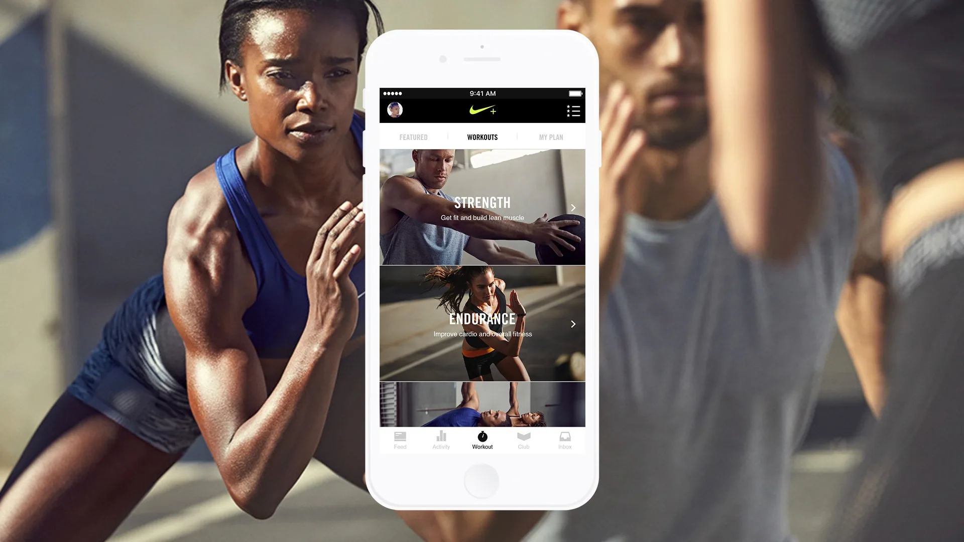 A woman in athletic clothing exercises outdoors with others. In the center, a smartphone displays a fitness app with workout options for strength and endurance.