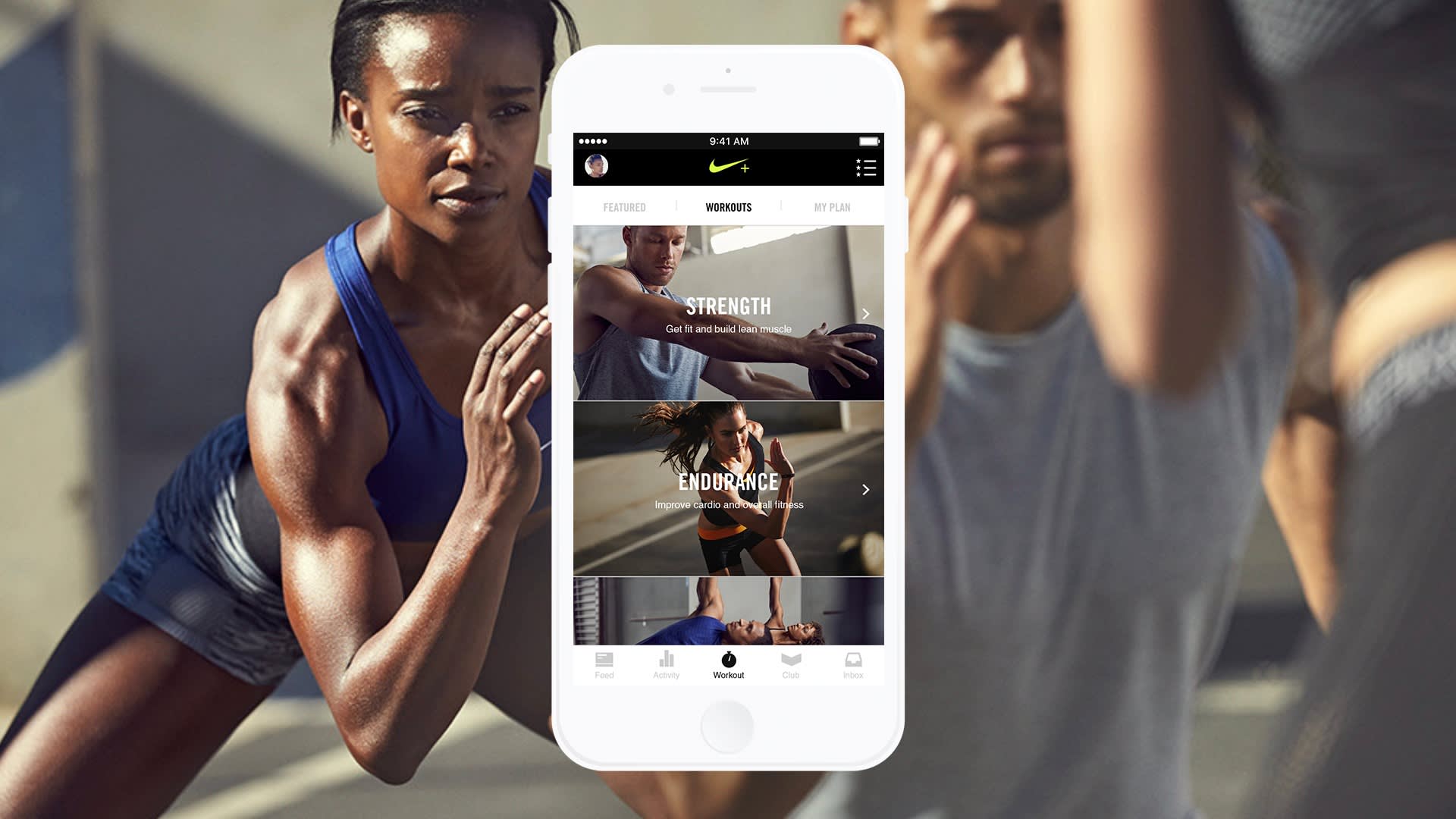 A woman in athletic clothing exercises outdoors with others. In the center, a smartphone displays a fitness app with workout options for strength and endurance.