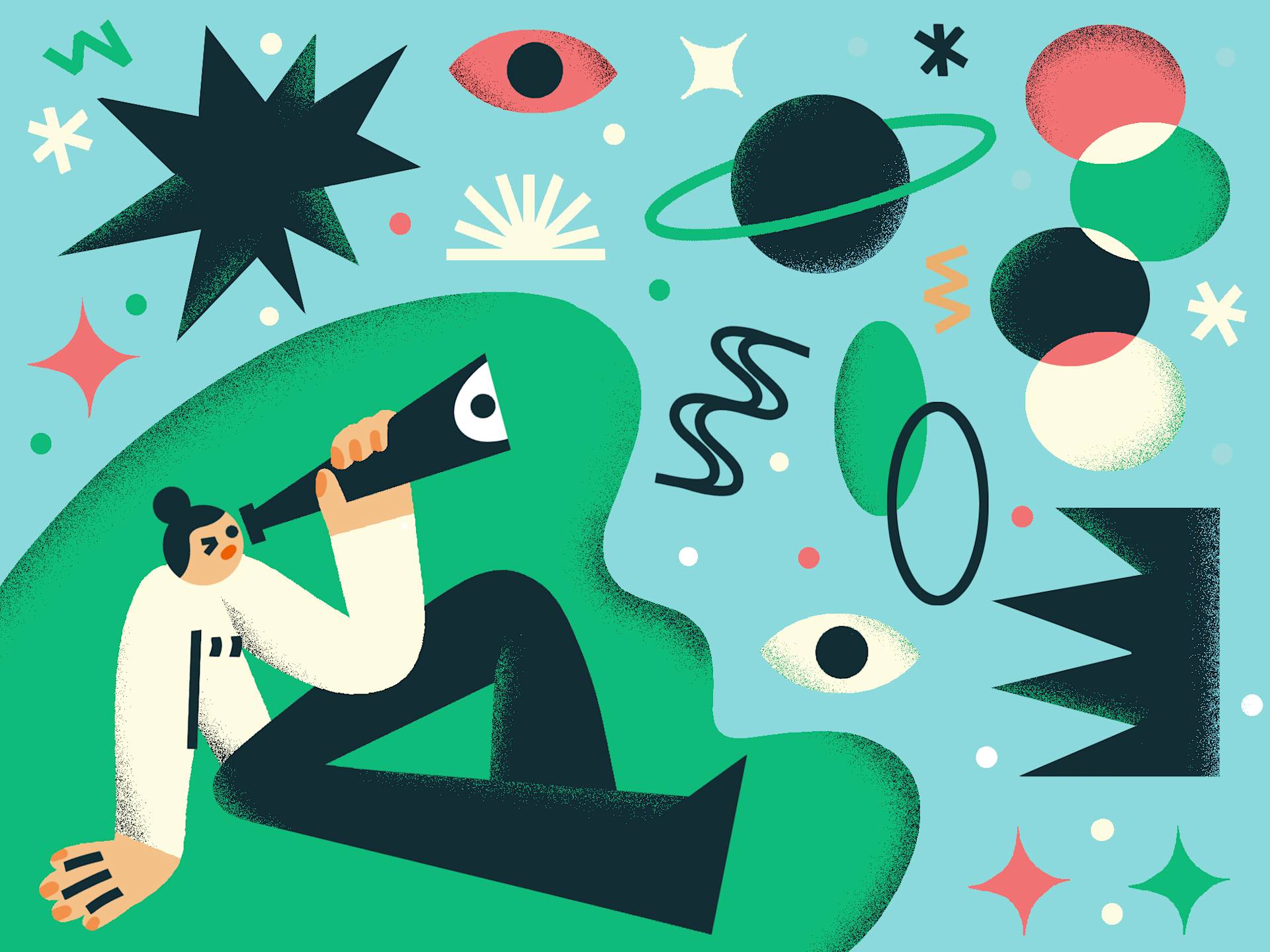 A person sits on a green shape, looking through a telescope. Surrounding them are abstract shapes, eyes, planets, stars, and colorful patterns on a light blue background, creating a whimsical, imaginative scene.