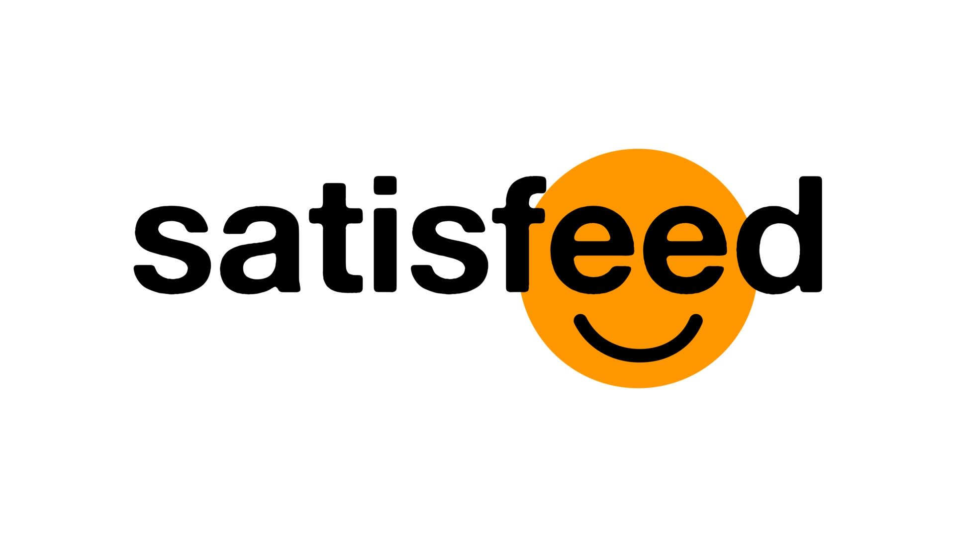 The word satisfeed in black text with an orange circle behind the letters f-e-e-d, featuring a curved black line inside the circle resembling a smiling face.