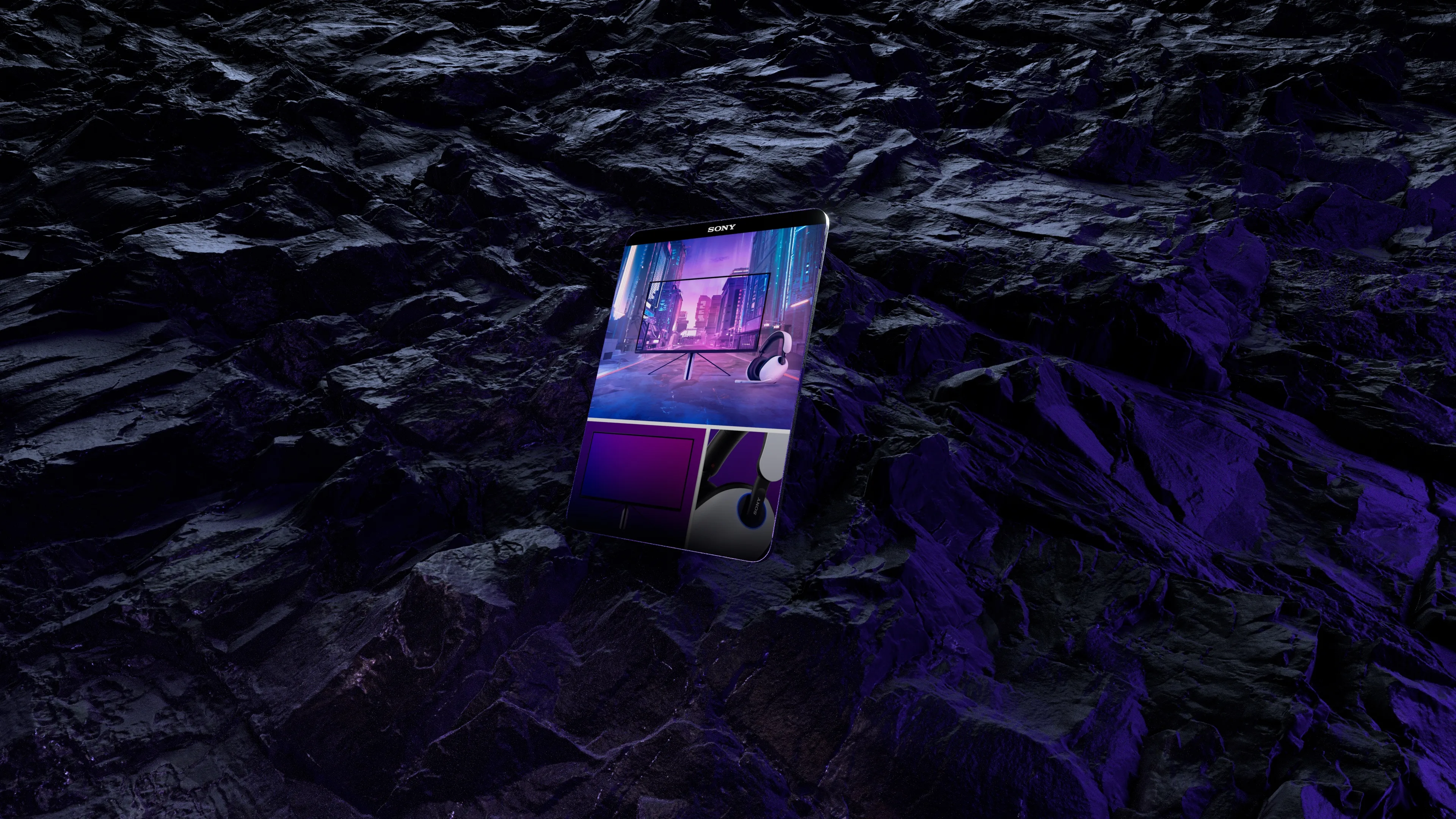 A futuristic card with a neon cityscape and abstract shapes is placed upright on a rocky, dark purple-lit surface under dramatic lighting.