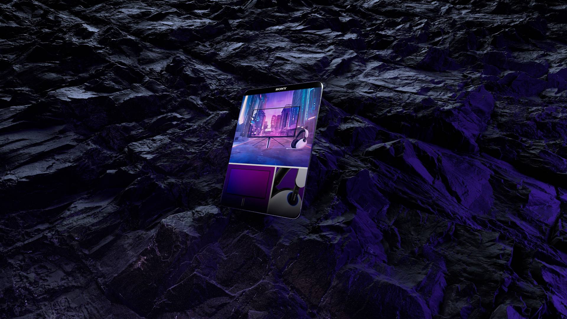 A futuristic card with a neon cityscape and abstract shapes is placed upright on a rocky, dark purple-lit surface under dramatic lighting.