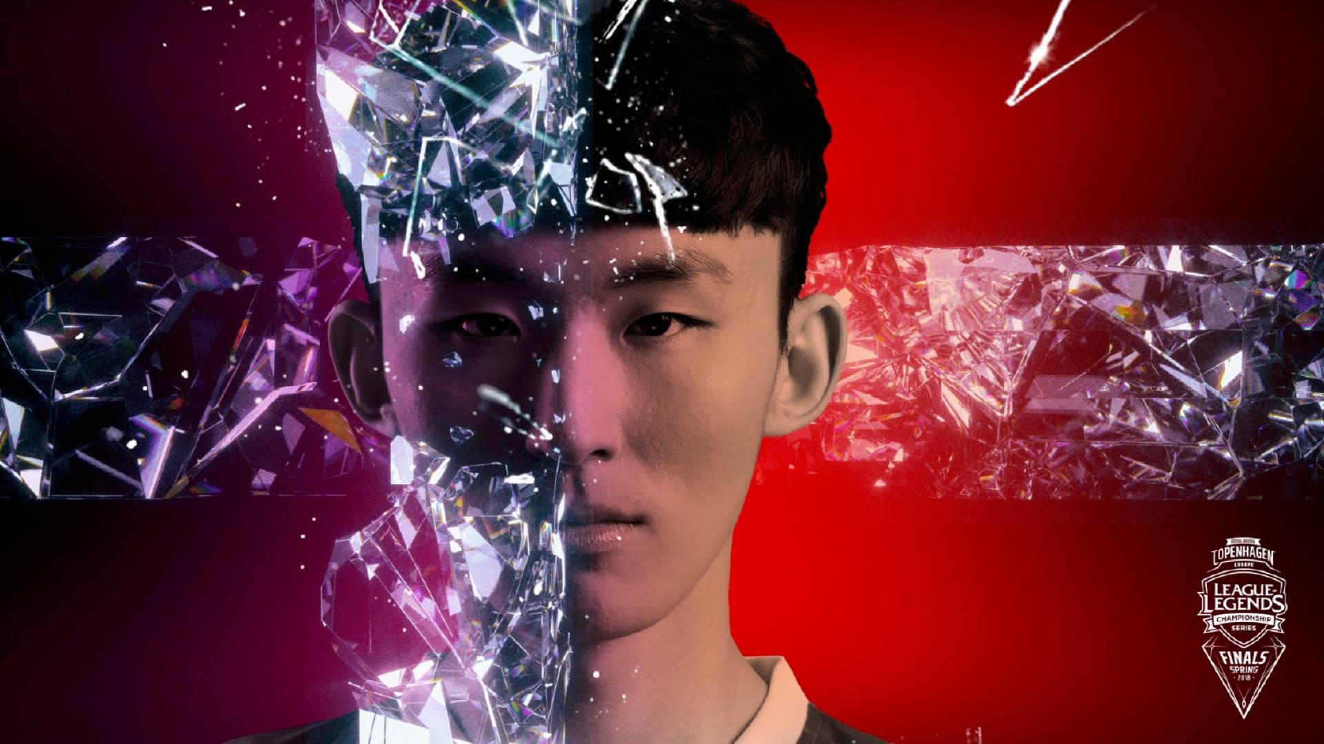 A young man faces forward against a red background, with his face split by shards of glass; the left side appears fractured and crystal-like. The League of Legends LEC Finals logo is in the bottom right corner.