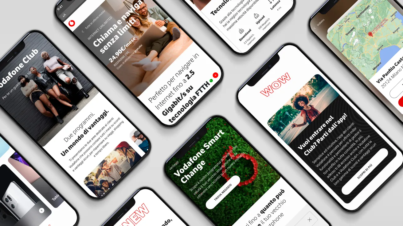 A collection of smartphones displaying various Vodafone Club app screens, showcasing different features, promotions, and articles with images, text, and colorful designs, arranged on a light surface.