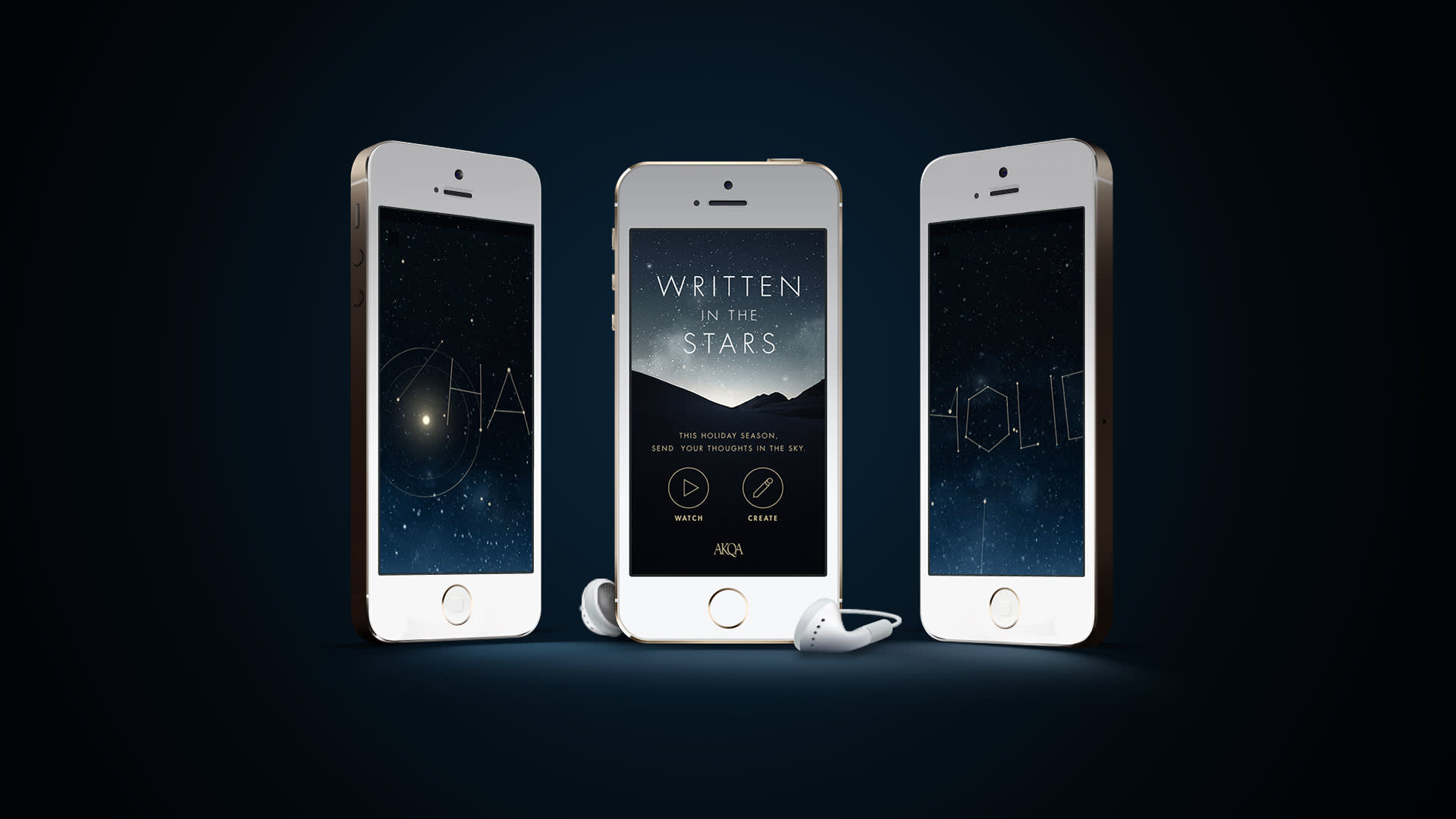 Three smartphones are displayed against a dark background, with the center phone showing a starry sky app titled Written in the Stars. White earphones are placed in front of the center phone.