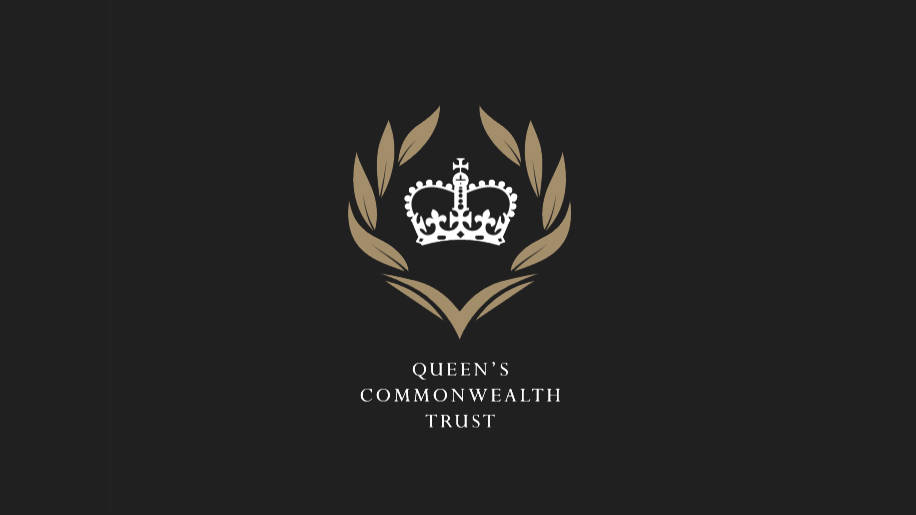 A white crown surrounded by gold laurel leaves on a black background. Below, text reads: QUEENS COMMONWEALTH TRUST.