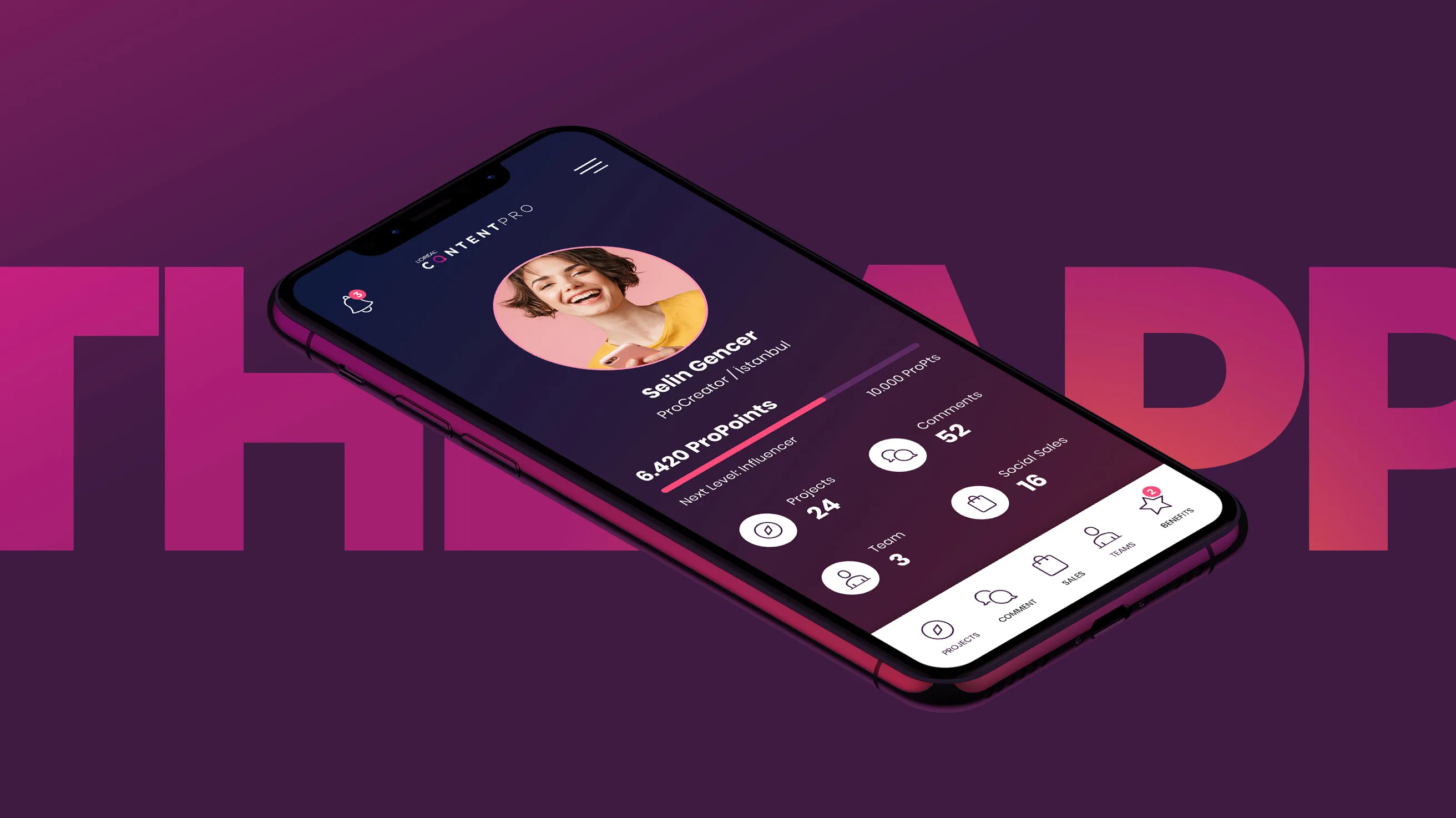 A smartphone displays a profile page in an app with a circular photo of a smiling woman, user stats, and navigation icons, set against a purple background with large, blurred text reading “THE APP.”.
